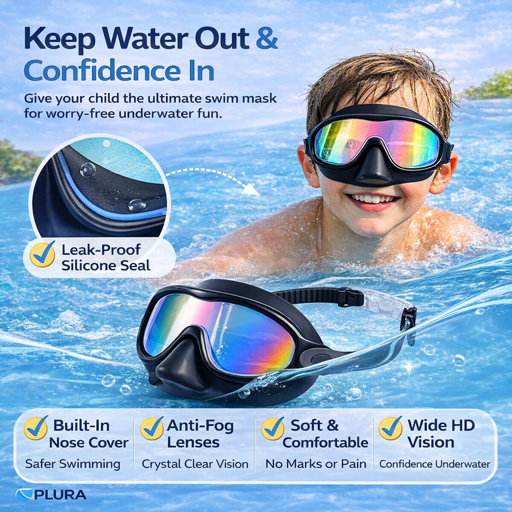 PLURA SafeSight™ Kids Swim Mask (No-Leak + Nose Cover)